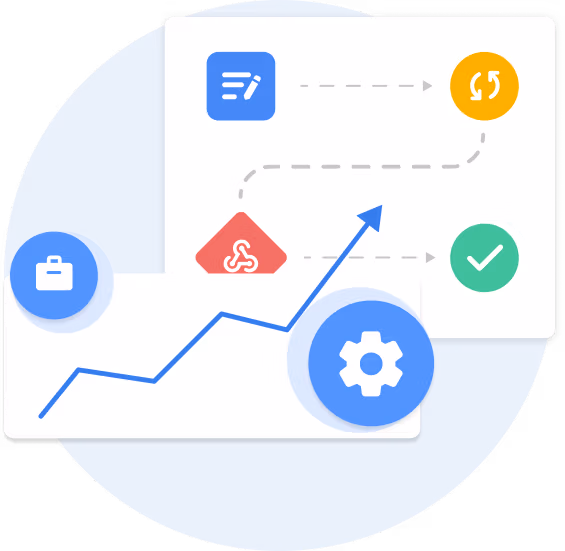 Graphic of a workflow process diagram with various symbols representing workflow steps, centered around a large gear icon.