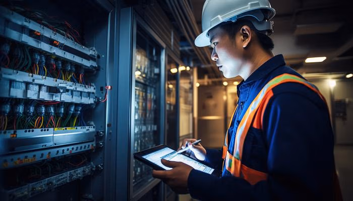 Inbetriebnahmeprozess eines Technikers mit Tablet zur Überprüfung von Elektronik in einem Schaltschrank.