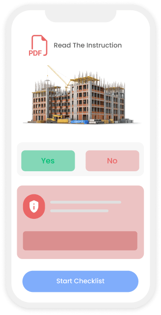 Safety compliance mobile checklist with construction site image and interactive buttons