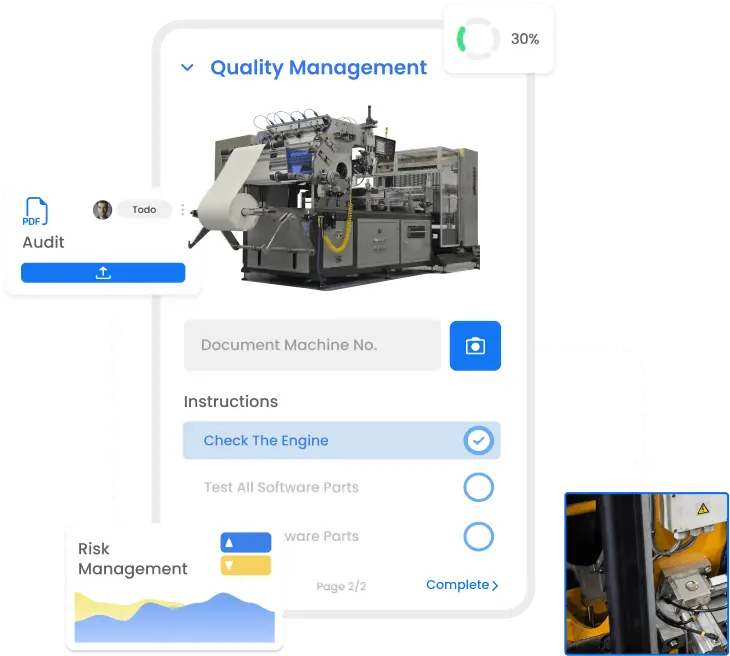 Quality management software interface with machinery status and Instructions