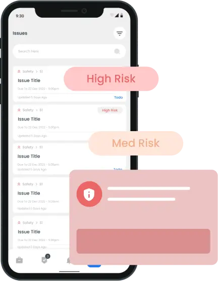 Mobile app screen showing a risk assessment module with various risk levels and to-do actions
