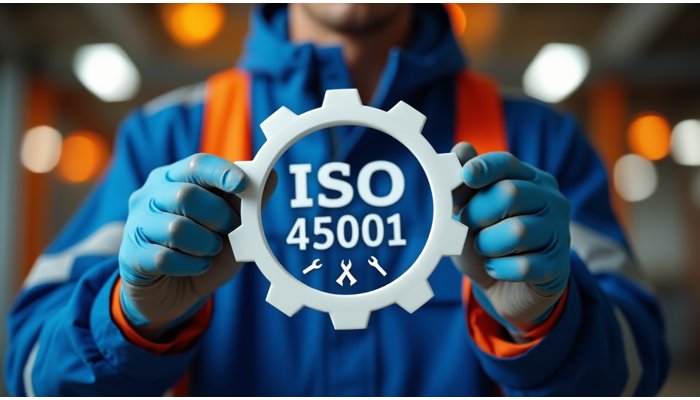 ISO 45001 certification displayed inside a gear, held by a worker wearing gloves in a workshop setting.