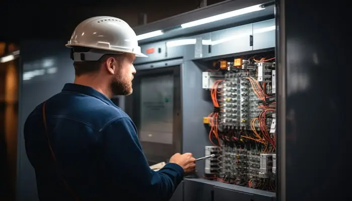 Ein Techniker mit Schutzhelm arbeitet an einem offenen Schaltschrank, in dem elektrische Komponenten und Verkabelungen sichtbar sind. Diese Wartungsarbeiten erfolgen gemäß einem Wartungsplan.