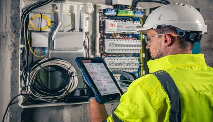 Technician performing Total Productive Maintenance with tablet and electrical panel