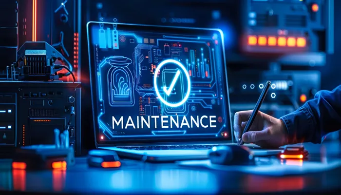 CMMS software interface displayed on a futuristic computer screen with maintenance icons