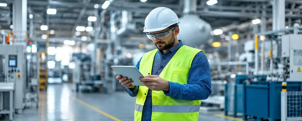 Mitarbeiter mit Schutzkleidung nutzt Tablet zur Kontrolle mit EHS-Management-Software