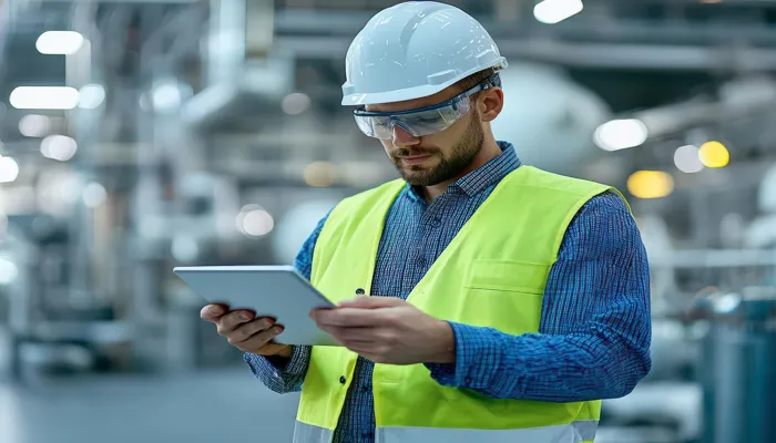 Worker using tablet for EHS Inspection software in industrial setting