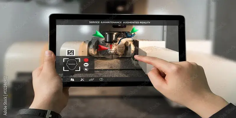 Ein Tablet zeigt eine Augmented-Reality-Anwendung, die zur Unterstützung der industriellen Instandhaltung verwendet wird. Das Gerät visualisiert Wartungsinformationen und -anweisungen für eine komplexe Maschine.