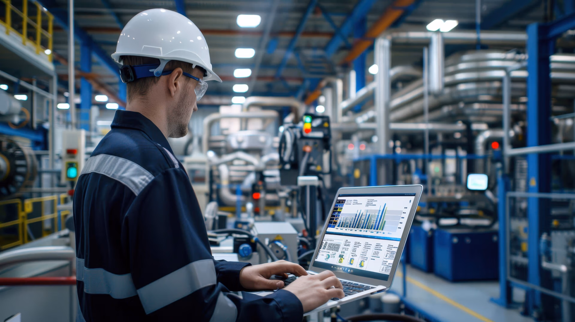 Maintenance supervisor reviewing data on a laptop in a factory