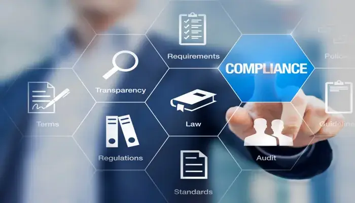 A person interacting with a virtual interface highlighting "Compliance" representing quality compliance.