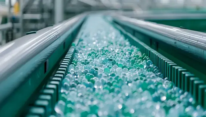 A conveyor belt in a factory moves a stream of transparent blue beads, symbolizing process excellence in manufacturing.