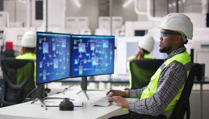 A factory worker in a hard hat and high-visibility vest monitors equipment and processes on dual computer screens, illustrating factory maintenance operations.