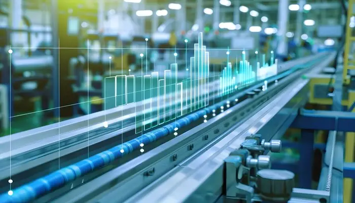 A modern assembly line in a factory with superimposed digital graphs and data, representing advanced manufacturing and analytics.