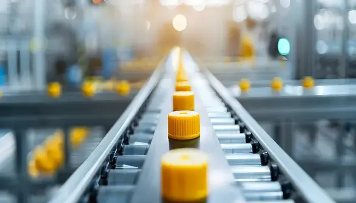 A close-up view of yellow bottle caps moving along an assembly line in a factory, illustrating process reliability in manufacturing.