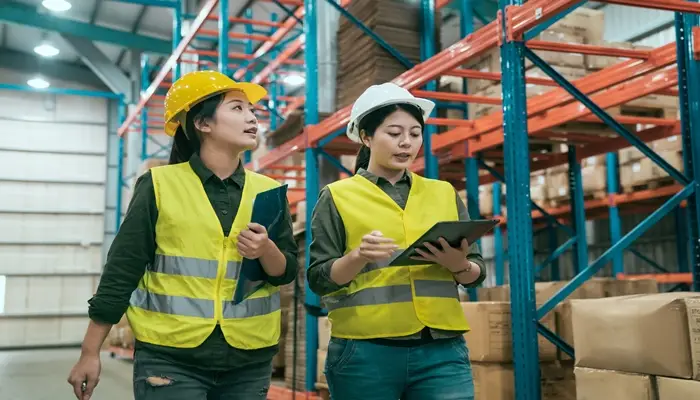 Two workers in safety vests and hard hats while proofing the warehouse safety in a warehouse, using tablets.