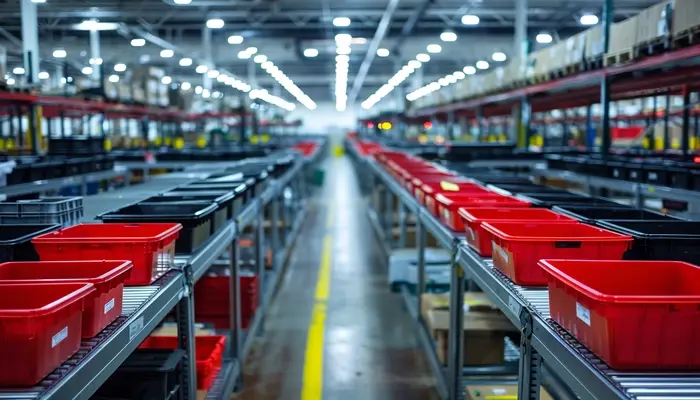 Long rows of shelves filled with red and black bins in a well-organized warehouse, representing Lean Production processes.