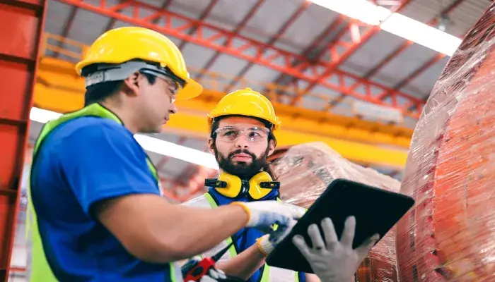 Two engineers discussing data during a site acceptance test (SAT) in an industrial facility, with one holding a tablet