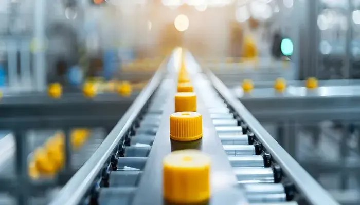 A close-up view of yellow bottle caps moving along an assembly line in a factory, illustrating process reliability in manufacturing.