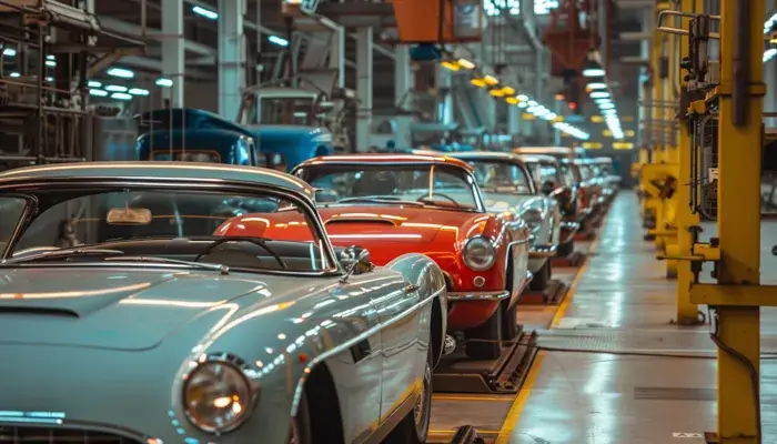 A row of vintage cars on an assembly line in a factory, depicting the evolution and history of quality management systems.