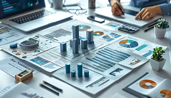 Vorbereitung eines externen Audits: Ein Schreibtisch mit zahlreichen Diagrammen, Statistiken und Berichten, die visuell dargestellt sind. Ein Taschenrechner und ein Laptop sind ebenfalls zu sehen, während eine Person im Hintergrund mit einem Stift an einer Auswertung arbeitet.