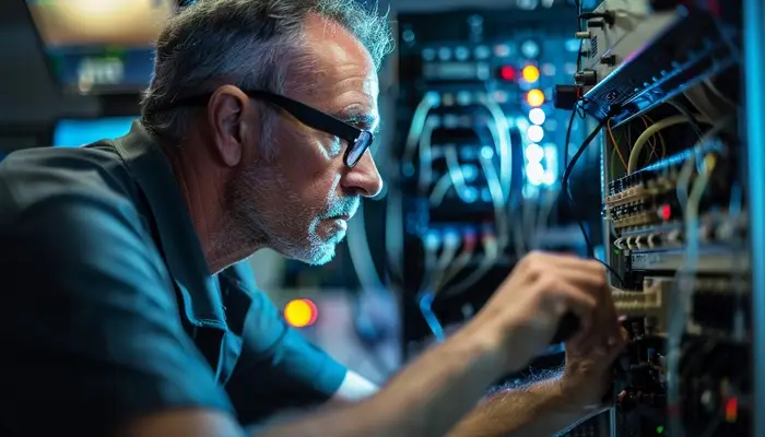 An engineer closely examines and adjusts wiring in an industrial control panel, representing maintenance and reliability standards related to DIN 31051.