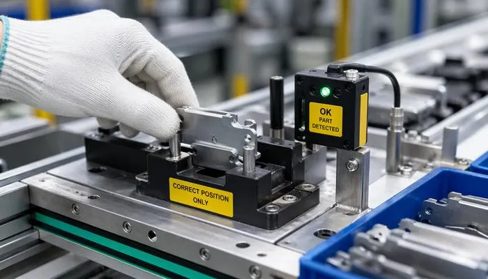 poka yoke fixture in industrial assembly line with gloved hand placing metal part into guided holder and sensor confirming correct position