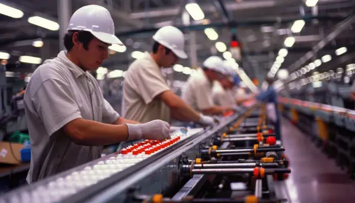 Factory workers in protective gear working on an assembly line, illustrating the continuous improvement process in manufacturing.