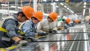 Fabrikarbeiter mit orangefarbenen Helmen arbeiten konzentriert an einer Produktionslinie für Solarpanels, wobei sie auf präzises Centerlining achten.