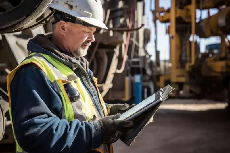 An older construction worker wearing a white helmet and safety vest looking at a tablet.