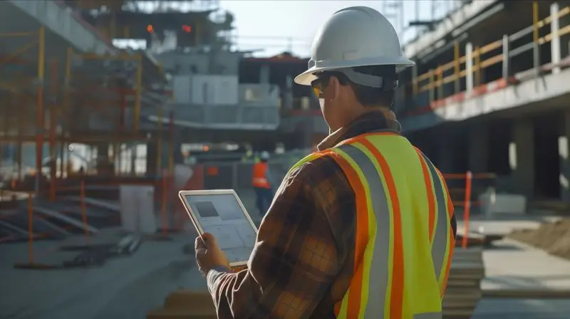 A construction worker wearing a white helmet and yellow safety vest using a tablet on a construction site.