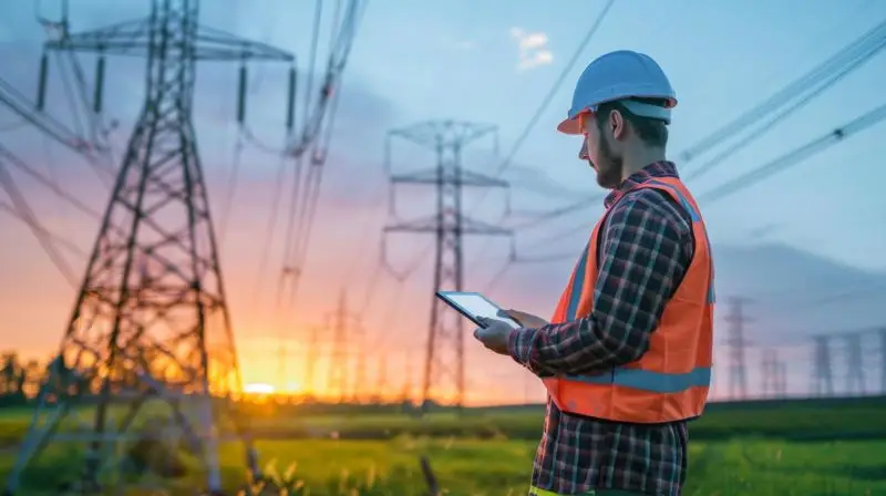 An engineer in a hard hat and safety vest uses a tablet to monitor energy supply near high-voltage power lines at sunset.