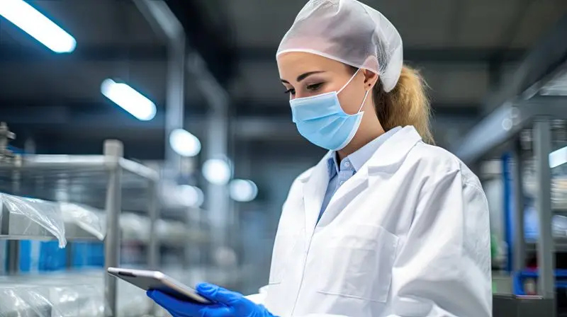 A food industry worker wearing a mask and gloves, using a tablet for quality control.