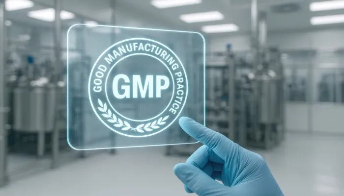 Technician using a tablet in a clean production facility to document inspections under good manufacturing practices