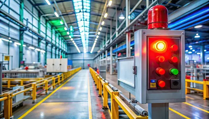 Control panel with red warning light indicating hazard rate in a modern industrial manufacturing facility.