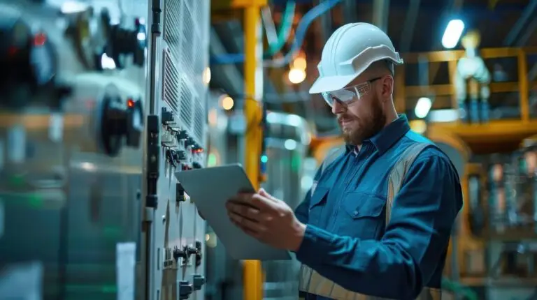 An plant manufacturing worker carefully inspecting machinery in a factory.