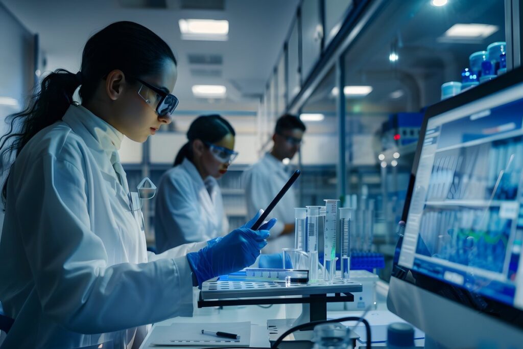 A lab research team using tablets and conducting experiments in a modern laboratory.