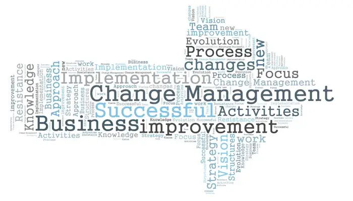 Word cloud in the shape of an arrow with terms related to change management and business improvement.