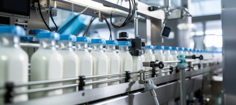 A milk bottling production line with automated machines and conveyor belts.