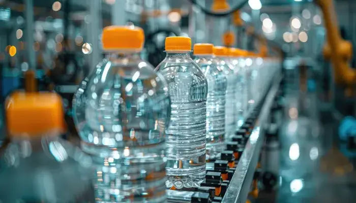 Bottles of water with orange caps on an automated assembly line, demonstrating line balancing in manufacturing.