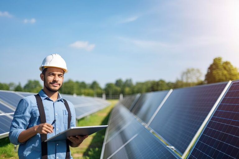 A solar engineer inspecting solar panels in a field, holding a tablet.