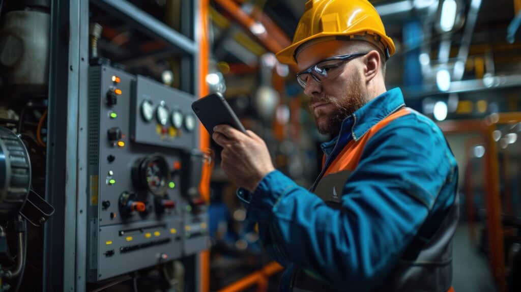 A technician in a plant manufacturing setting, monitoring systems with a tablet.