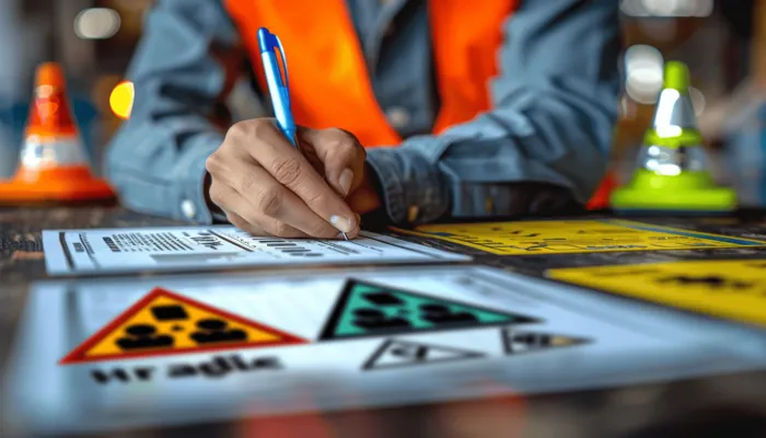 Warehouse safety inspection in progress with caution signs visible