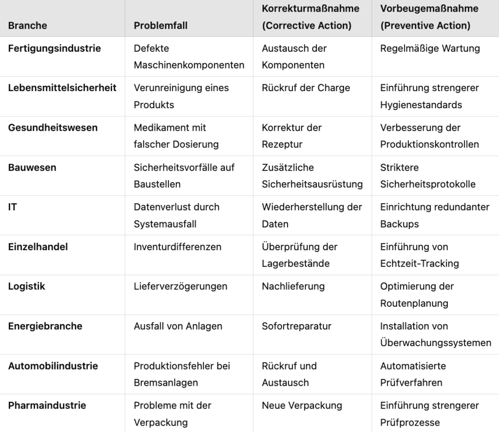 Tabelle mit veranschaulichenden CAPA Beispielen verschiedener Branchen