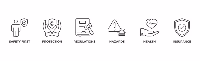 OHAS safety first, protection, regulations, hazards, health, and insurance icons
