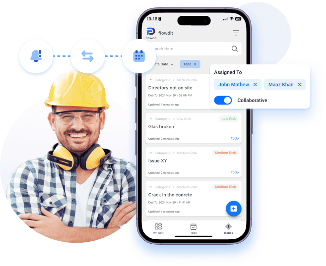 A smiling construction worker in safety gear stands beside a smartphone displaying a construction management app interface with task tracking, risk levels, and collaborative features.