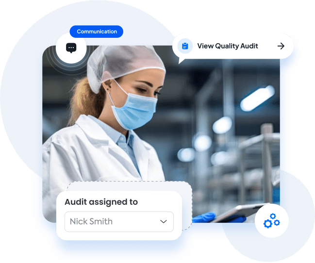 A quality inspector in a Food & Beverage facility reviews data on a tablet, with Flowdit assigning an audit to Nick Smith and highlighting communication and quality audit features.