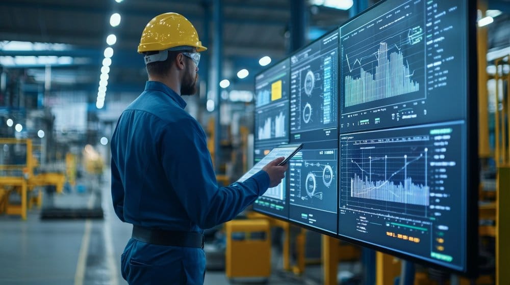 Industrial worker analyzing data on large digital screens in a manufacturing environment, monitoring performance and trends.