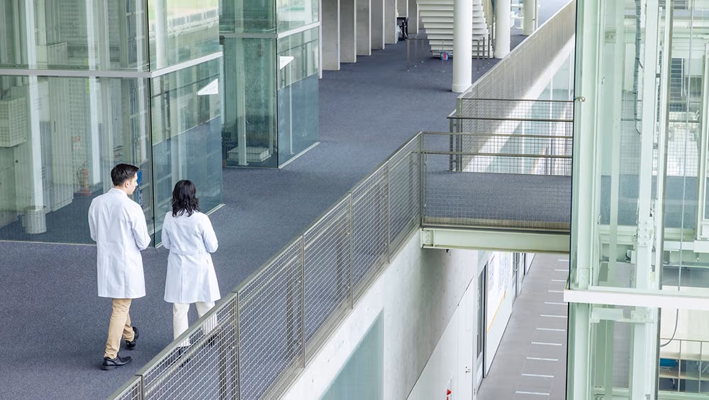 two doctors walk around in the hospital and consult about a patient