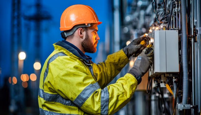 Technician performing machine commissioning in industrial environment with electrical panel