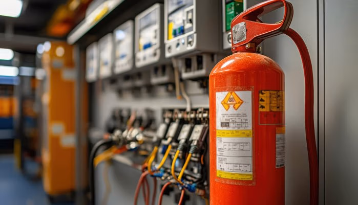 Fire extinguisher in an industrial control room highlighting fire safety inspections.